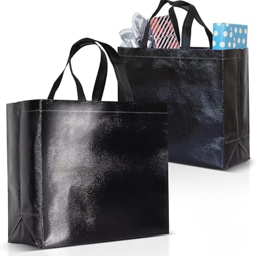 Black Gift Bags Large Size –Set of 10 Shiny Black Reusable Gift Bags With Handle